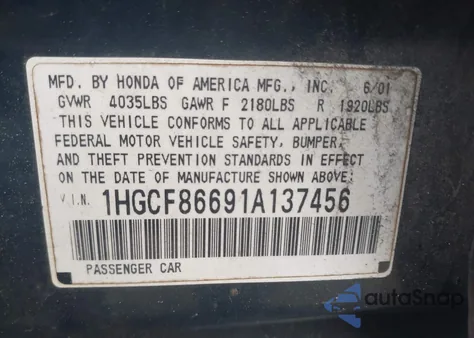 2001 Honda Accord Value Package from USA, damaged, VIN 1HGCF86691A137456